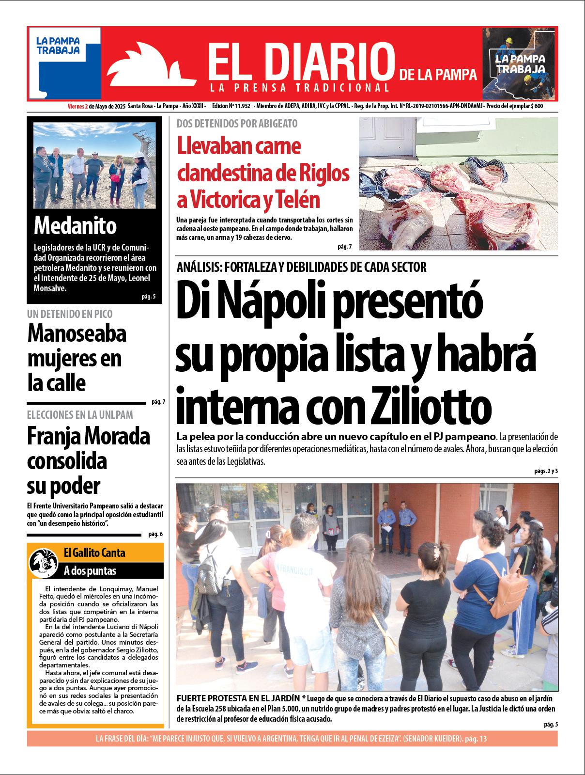 Tapa de El Diario en papel  viernes 02 de mayo de 2025